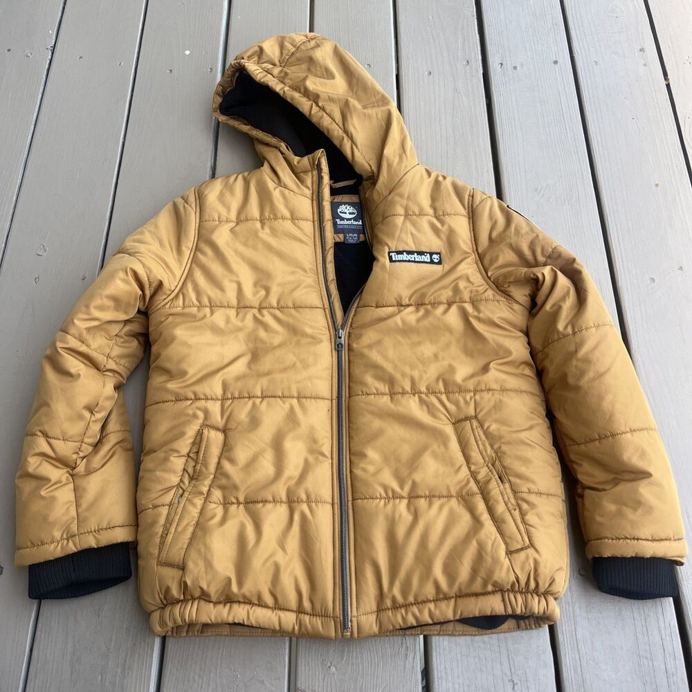 TIMBERLAND Boys Puffer Jacket Tan Hooded Winter Full Zipper Size Large (14-16)